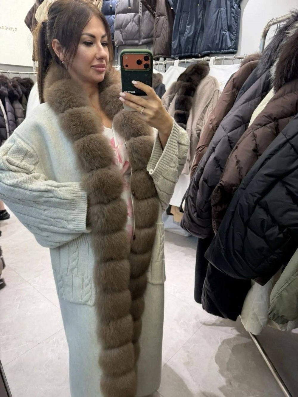 Long Cream Knit Coat with Brown Fur Trim